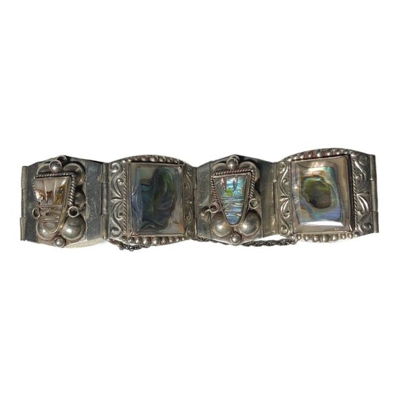 Vintage Sterling Silver Panel Bracelet Abalone Aztec Taxco Mexico Eagle Head - Picture 1 of 15